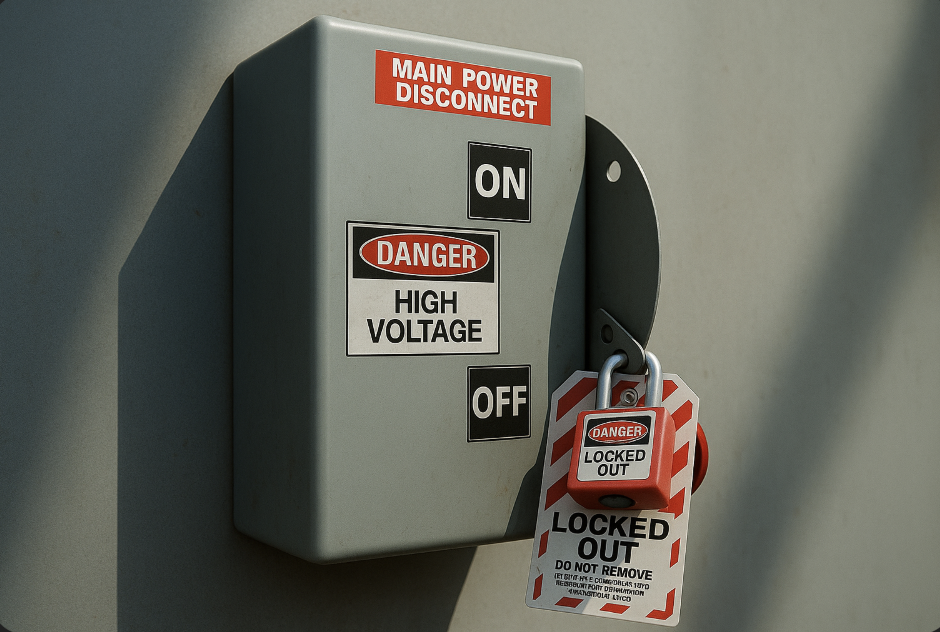 lockout tagout LOTO example on a breaker box main power switch